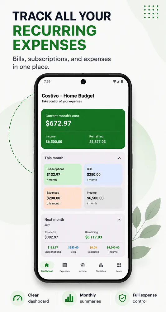 Costivo dashboard tracking recurring expenses