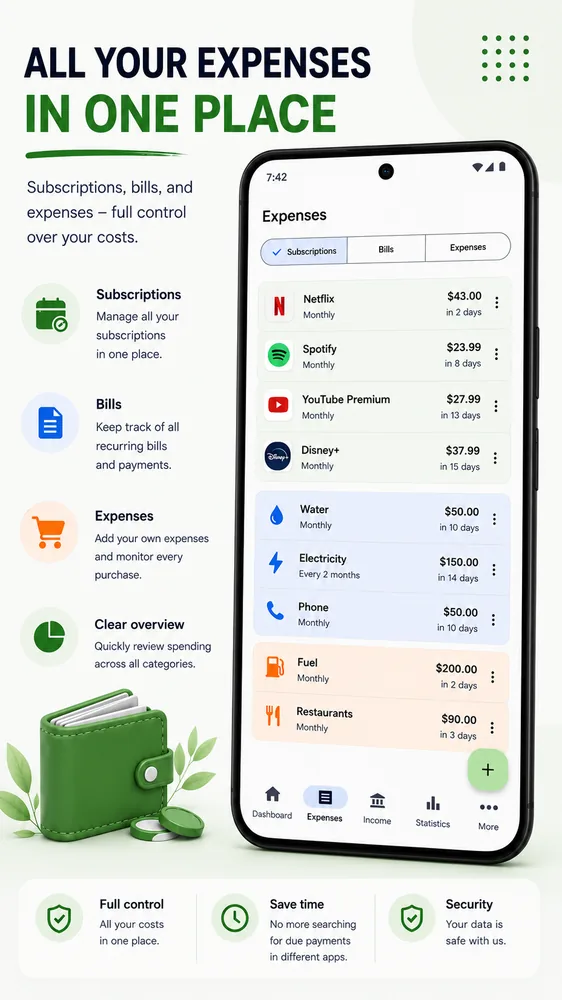 All expenses, bills and subscriptions in one list