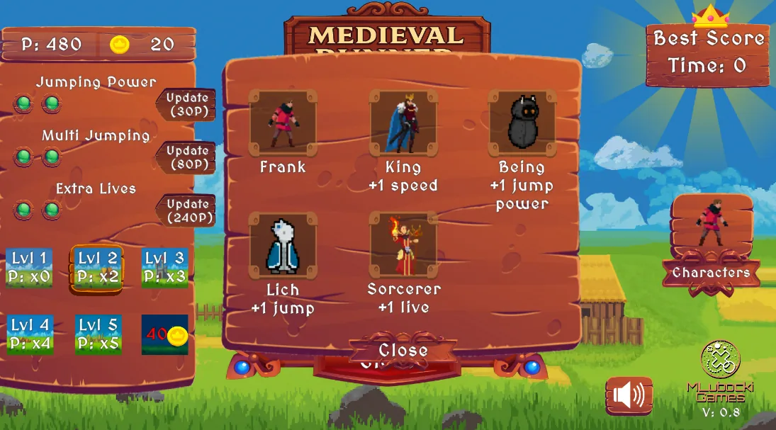 Character and upgrade selection screen